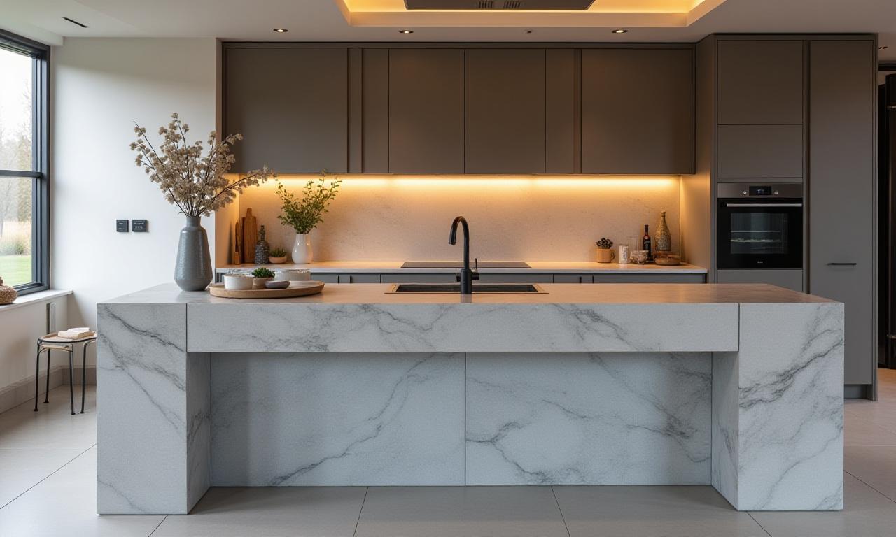 Moderne kjøkken med Larvikitt benkeplate under mykt lys